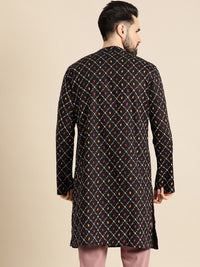 Anouk Men Black & Mustard Yellow Geometric Printed Kurta
