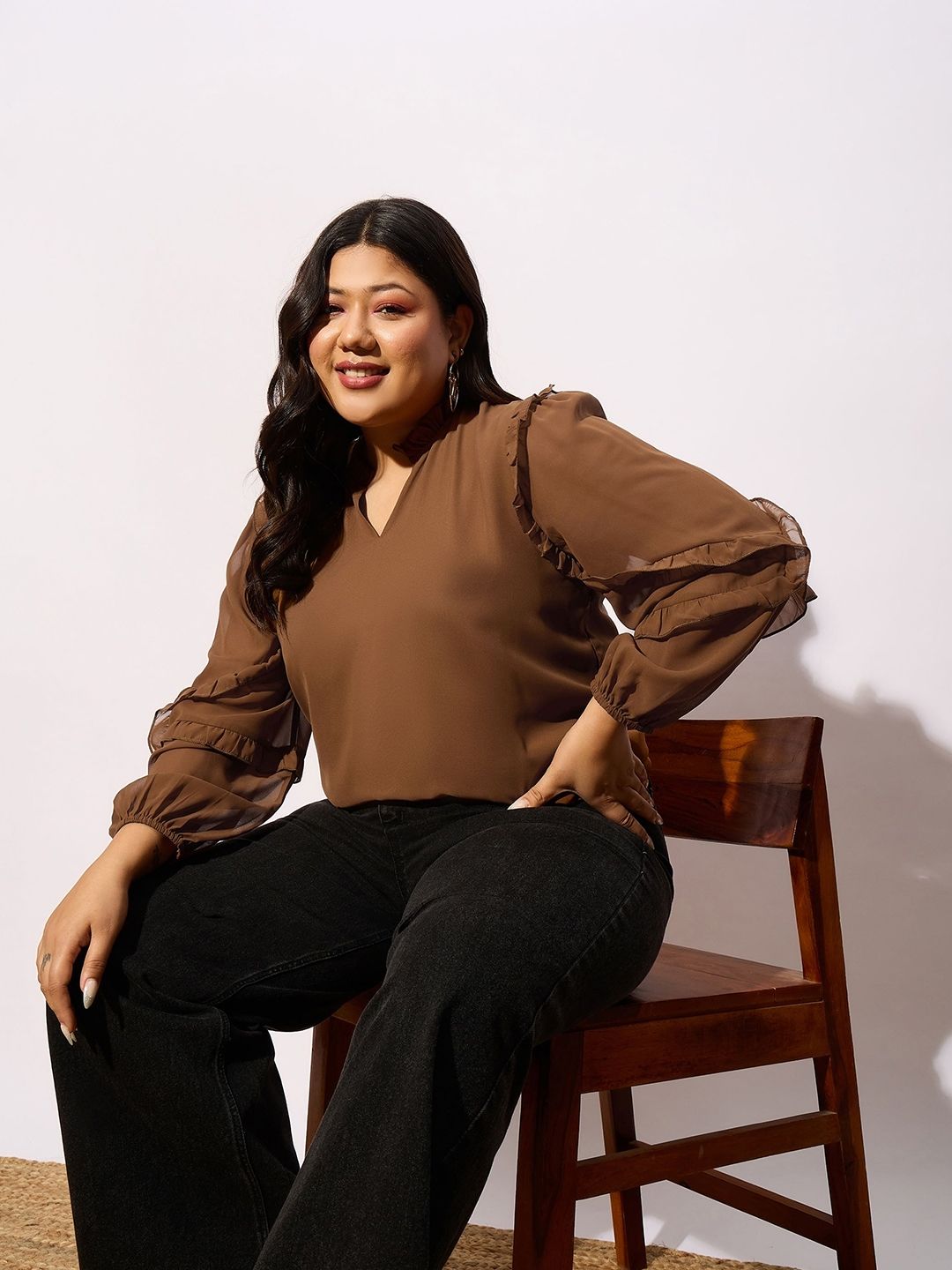 SASSAFRAS Curve Plus Size V-Neck Ruffles Georgette Top