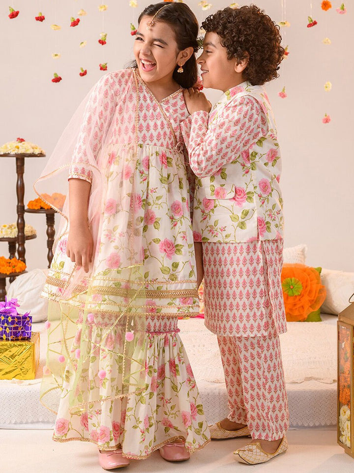 pspeaches Boys Floral Printed Regular Pure Cotton Kurta With Pyjamas & Nehru Jacket