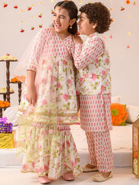 pspeaches Boys Floral Printed Regular Pure Cotton Kurta With Pyjamas & Nehru Jacket