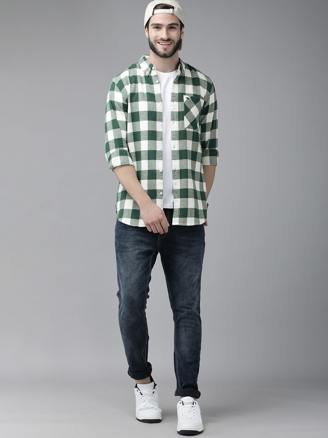 THE BEAR HOUSE Men Green Slim Fit Gingham Checks Checked Casual Shirt
