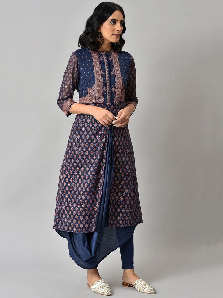 W Festive Geometric Print Georgette A-Line Cowl Hemline Kurta With Tight