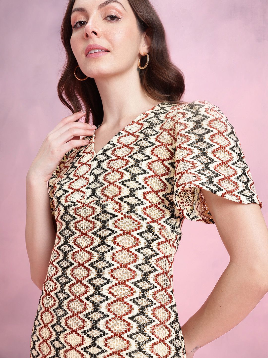 DressBerry Flared Sleeve Crochet A-Line Midi Dress