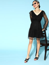 Athena Black Self Design Dobby Net A-Line Dress