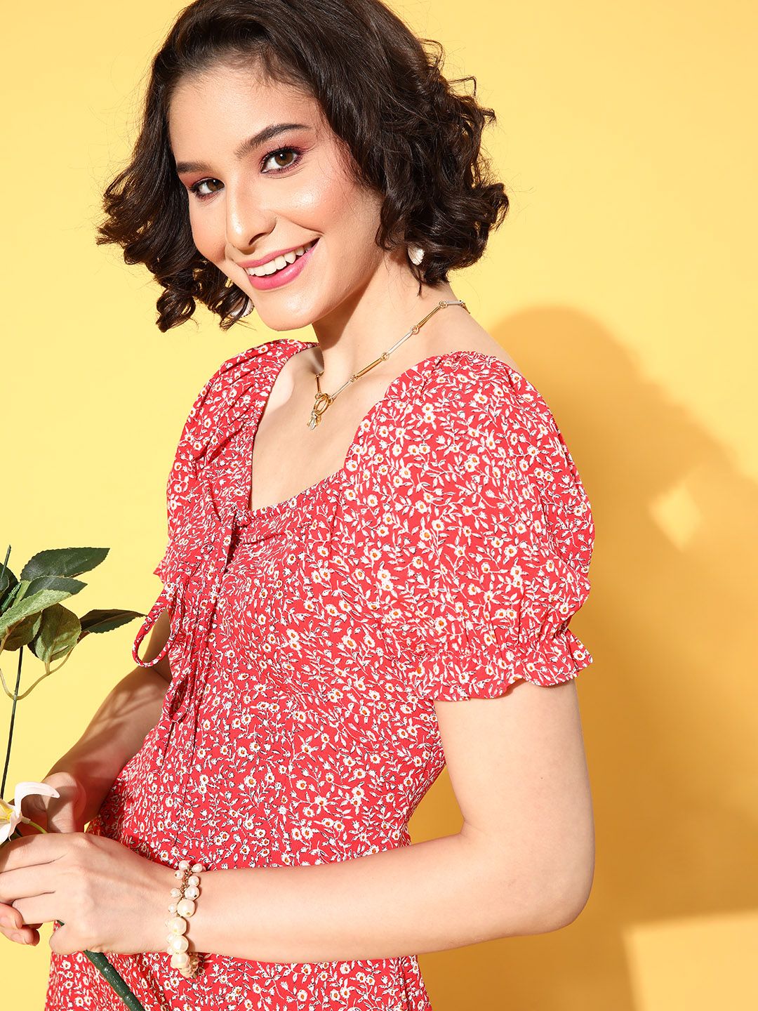 Berrylush Red Floral Crepe A-Line Midi Dress