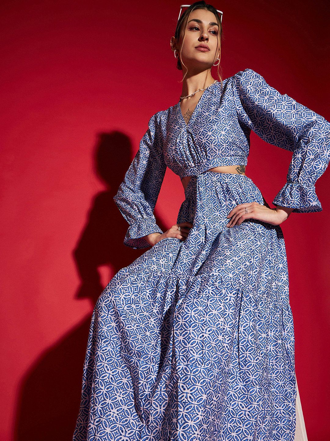 SASSAFRAS Blue Floral Printed Cut-Out Crepe Maxi Dress