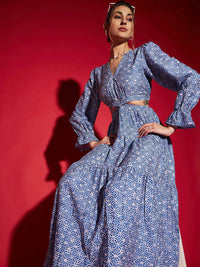 SASSAFRAS Blue Floral Printed Cut-Out Crepe Maxi Dress