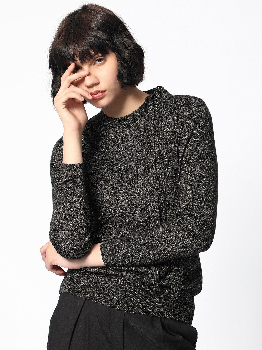 RAREISM Self Design Tie Ups Detail Long Sleeves Shimmer Top