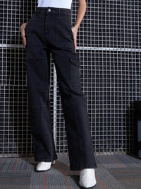 SASSAFRAS Women Black Straight Fit High-Rise Light Fade Stretchable Cargo Jeans