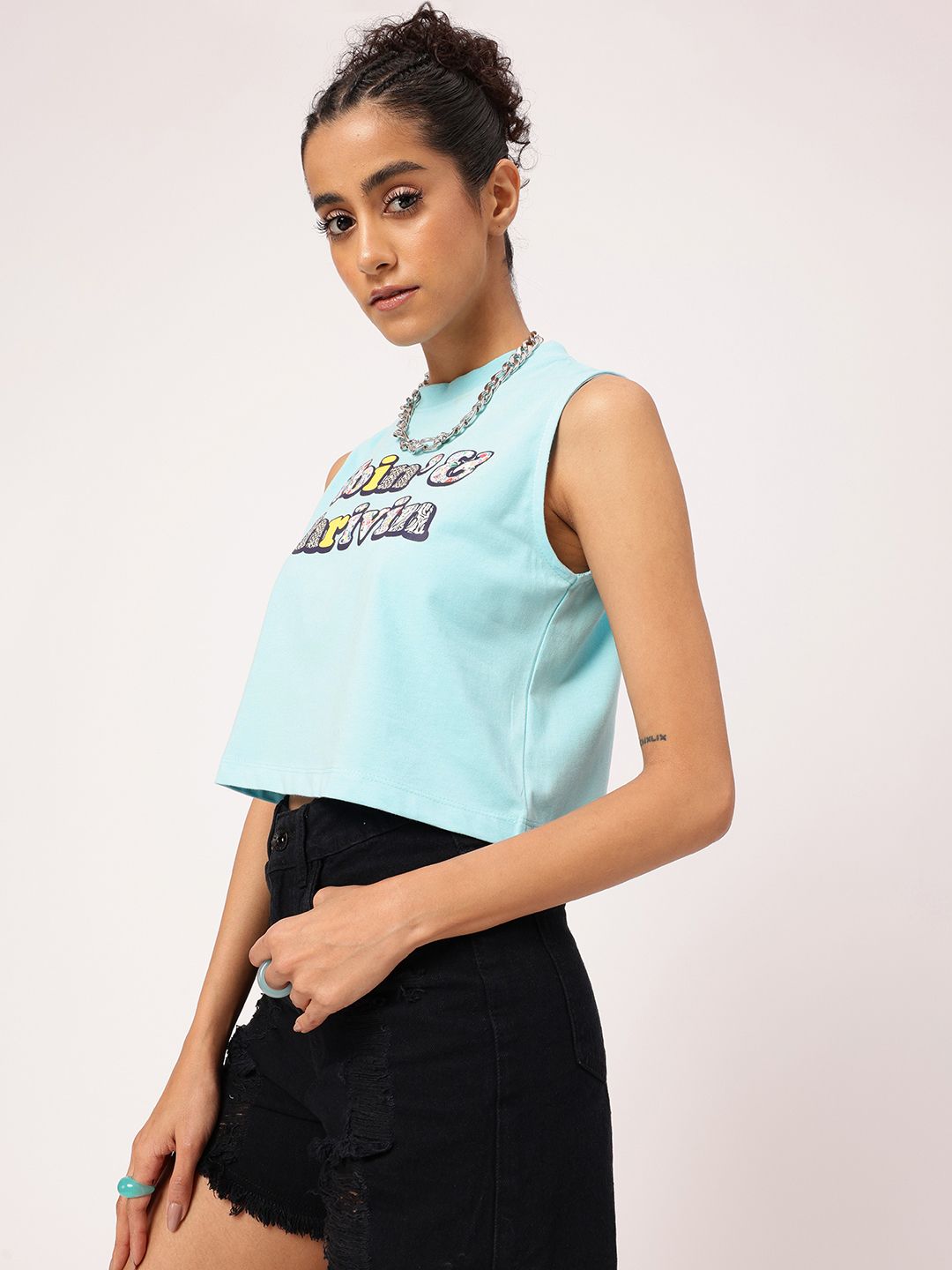 Grunge Keep Vibing Printed Sleeveless Crop T-shirt