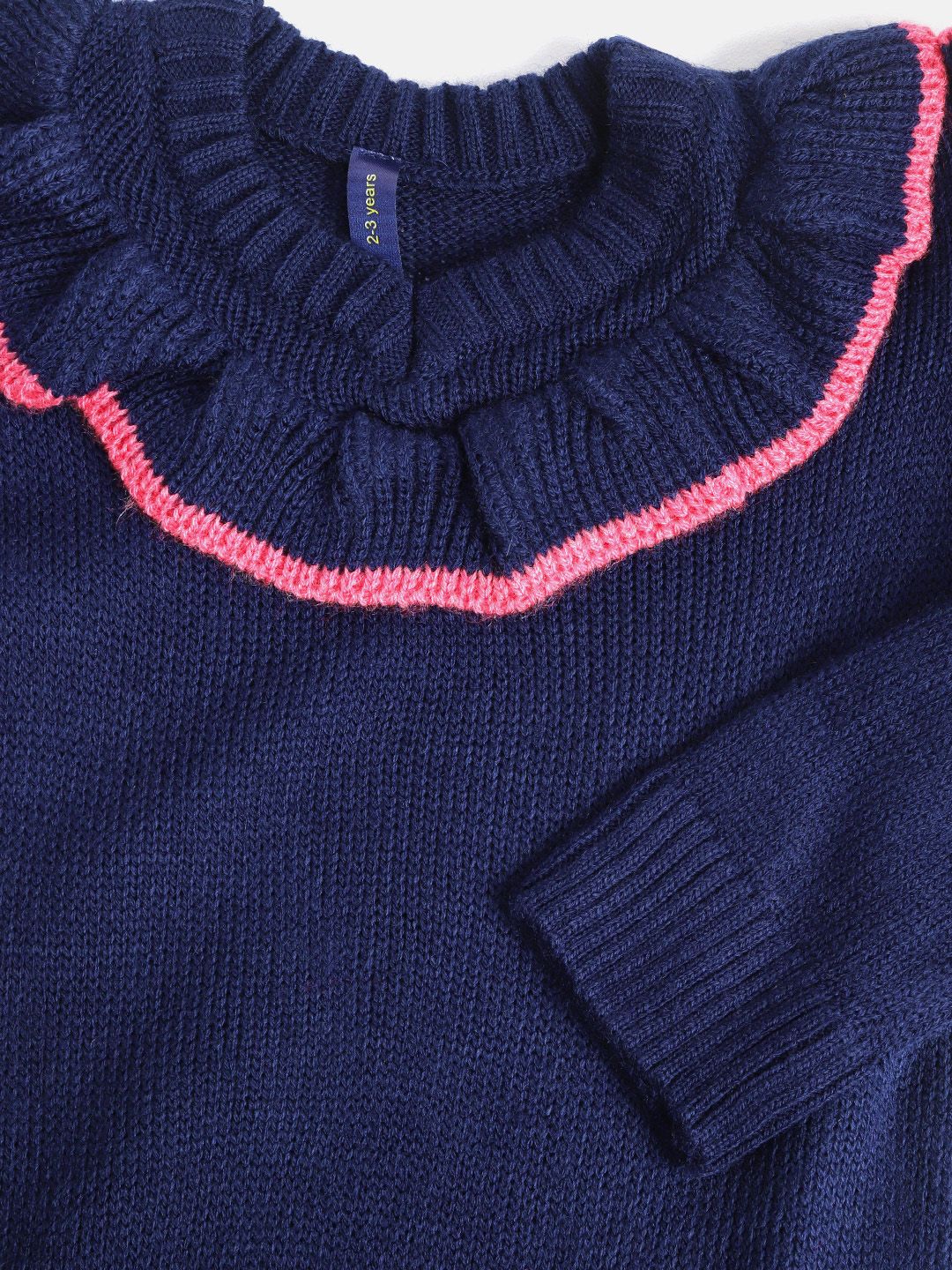 YK Girls Navy Blue Solid Pullover with Ruffle Detail
