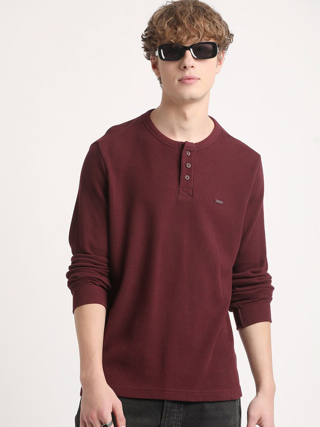 THE BEAR HOUSE Henley Neck Pure Cotton Slim Fit T-shirt