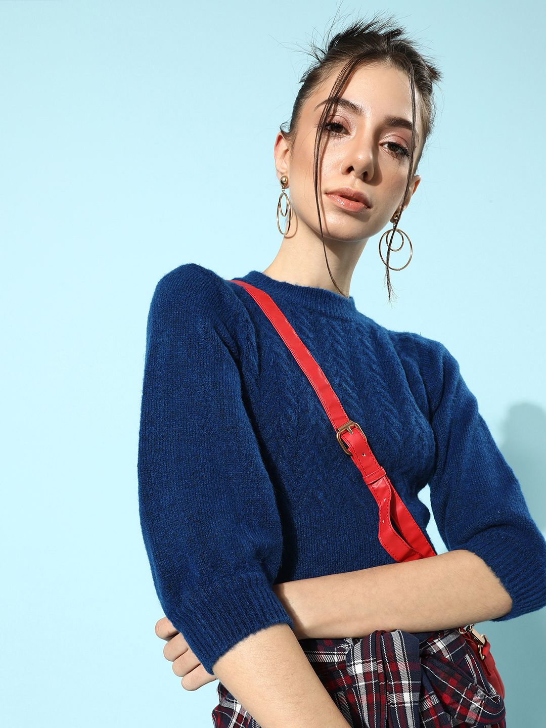 STREET 9 Women Blue Cable Knit Acrylic Crop Pullover