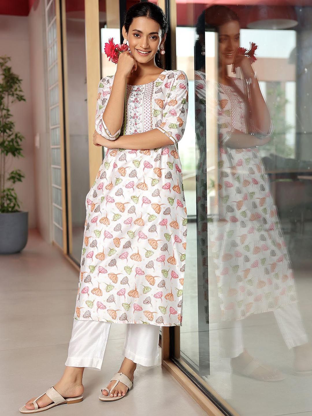 Libas Floral Printed Regular Thread Work A Line Kurta with Palazzos