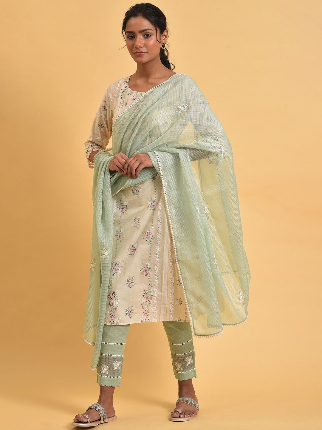 W Floral Printed Round Neck Pure Cotton A-Line Kurta