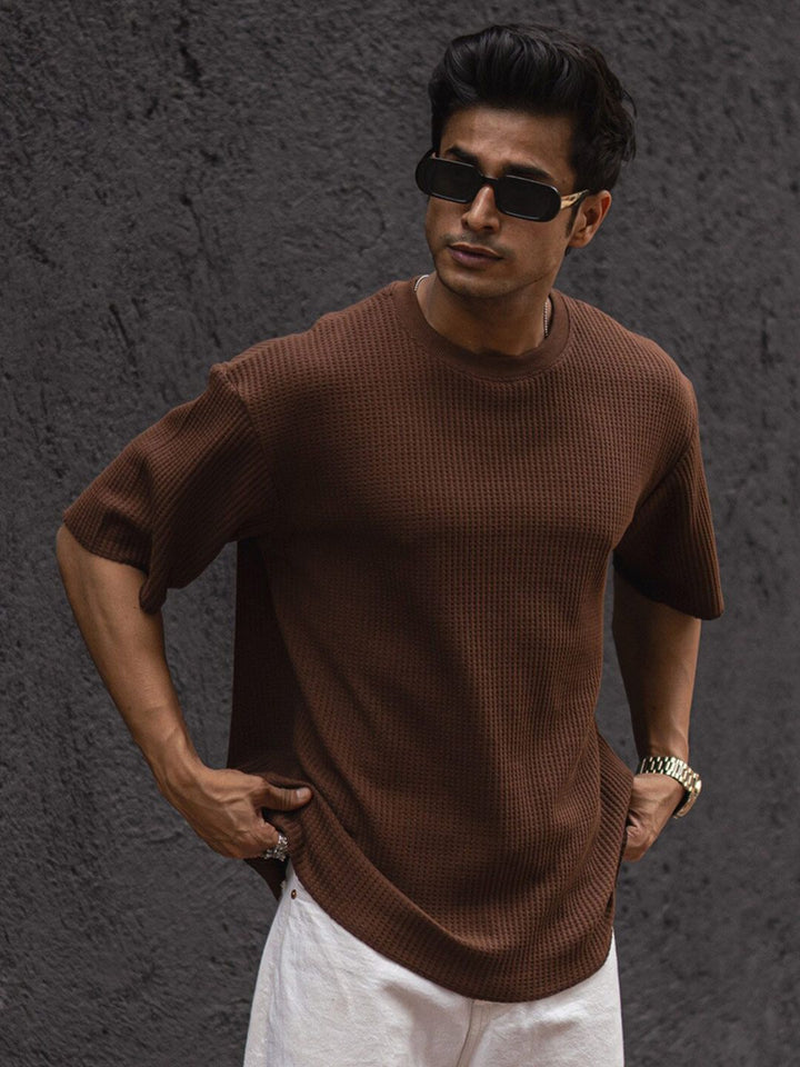 Powerlook Self Design Round Neck Drop-Shoulder Sleeves Oversized T-shirt