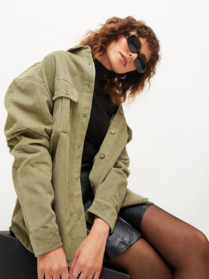 SASSAFRAS Oversized Self Designed Spread Collar Corduroy Pure Cotton Casual Shirt