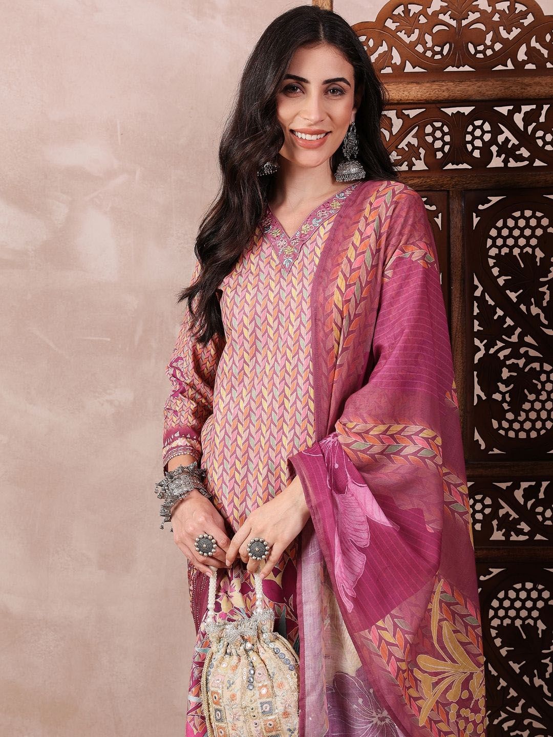 KALINI Floral Printed Straight Thread Work Kurta with Trousers & Dupatta