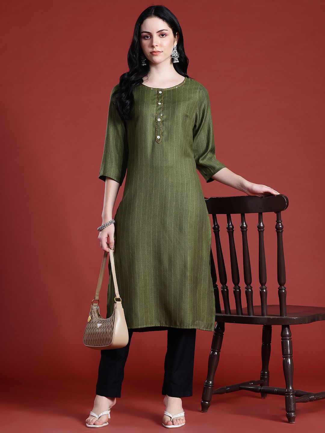 Anouk Striped Sequined Straight Kurta
