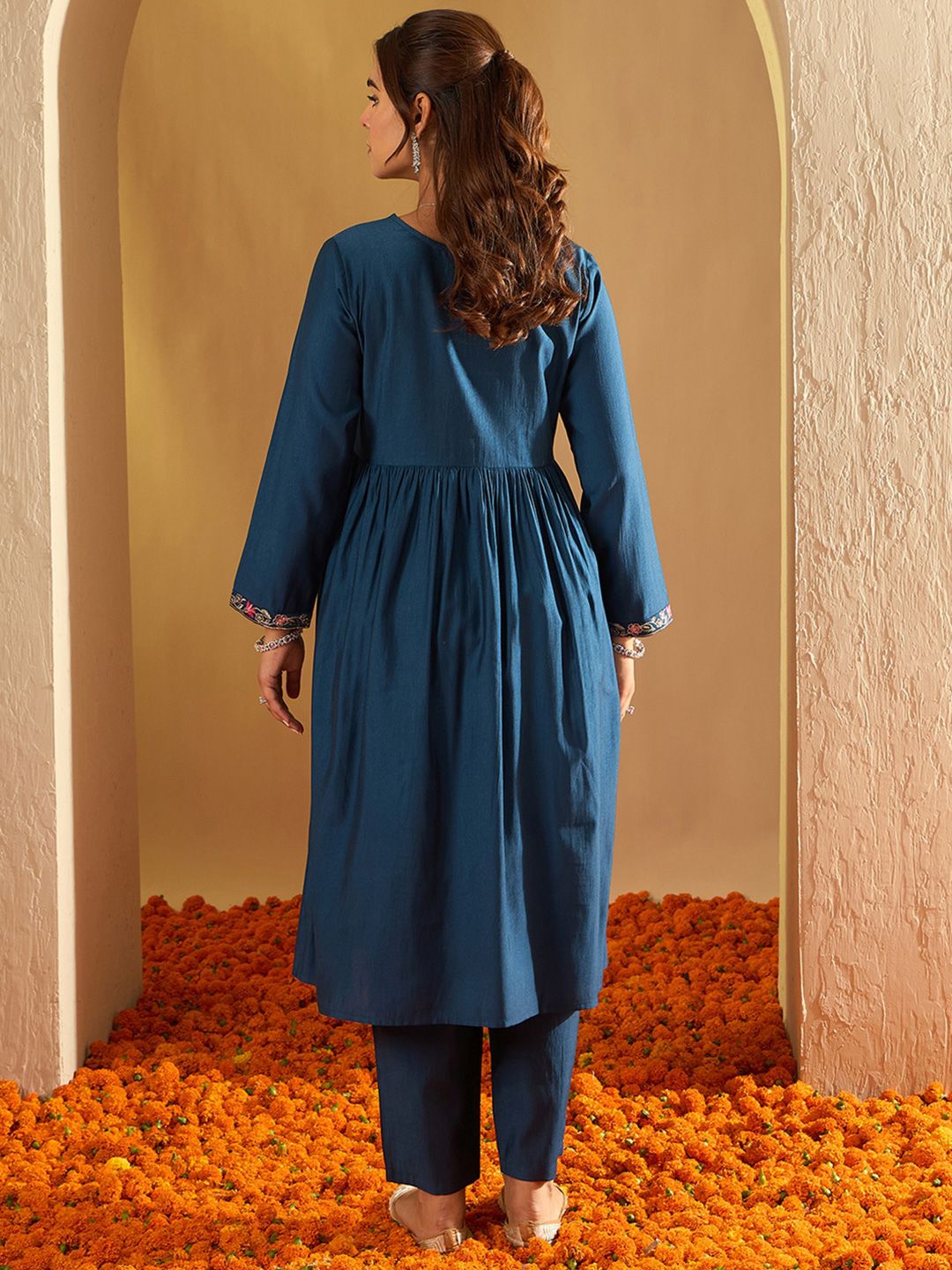 Indo Era Floral Yoke Design Empire A-Line Sequinned Liva Kurta with Trousers