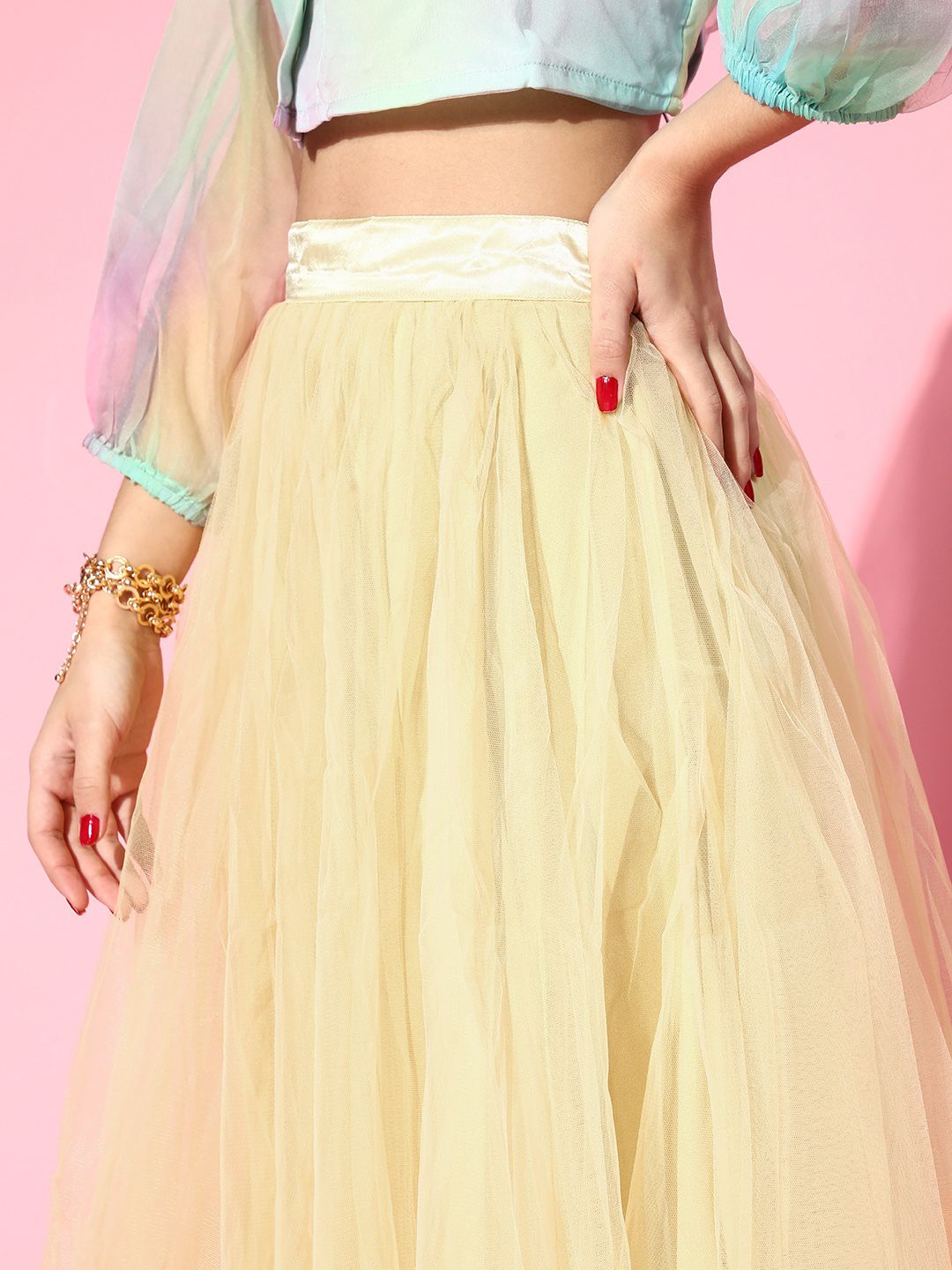 SASSAFRAS Women Light Yellow Solid Tulle Midi Skirt