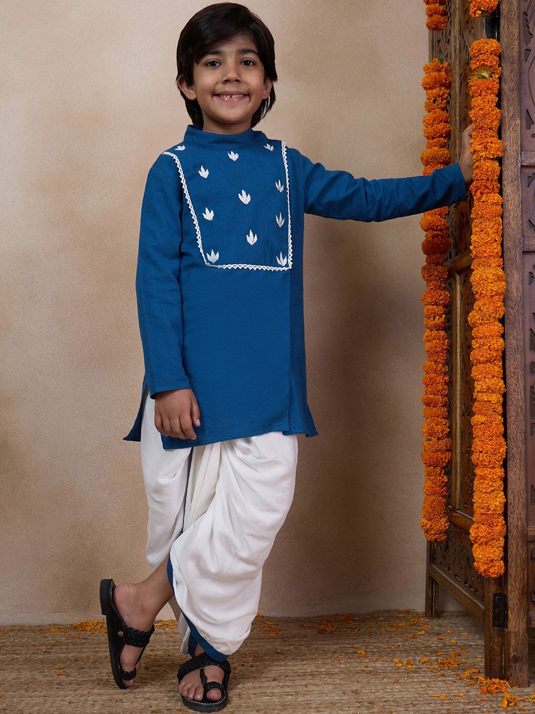 pspeaches Boys Mandarin Collar Floral Yoke Design Regular Thread Work Kurta with Dhoti Pants