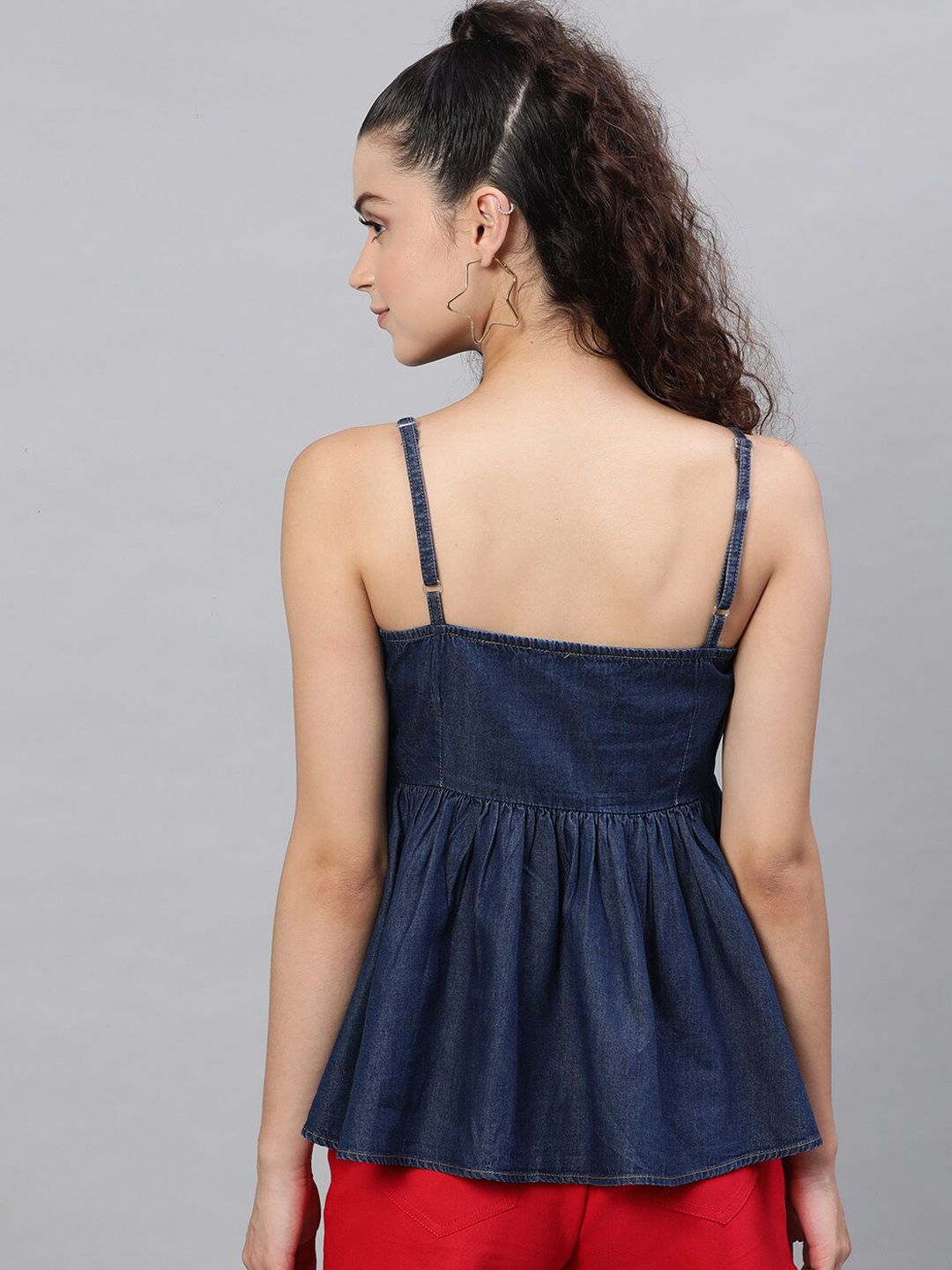 STREET 9 Navy Blue Solid Indigo Pure Cotton Denim A-Line Top