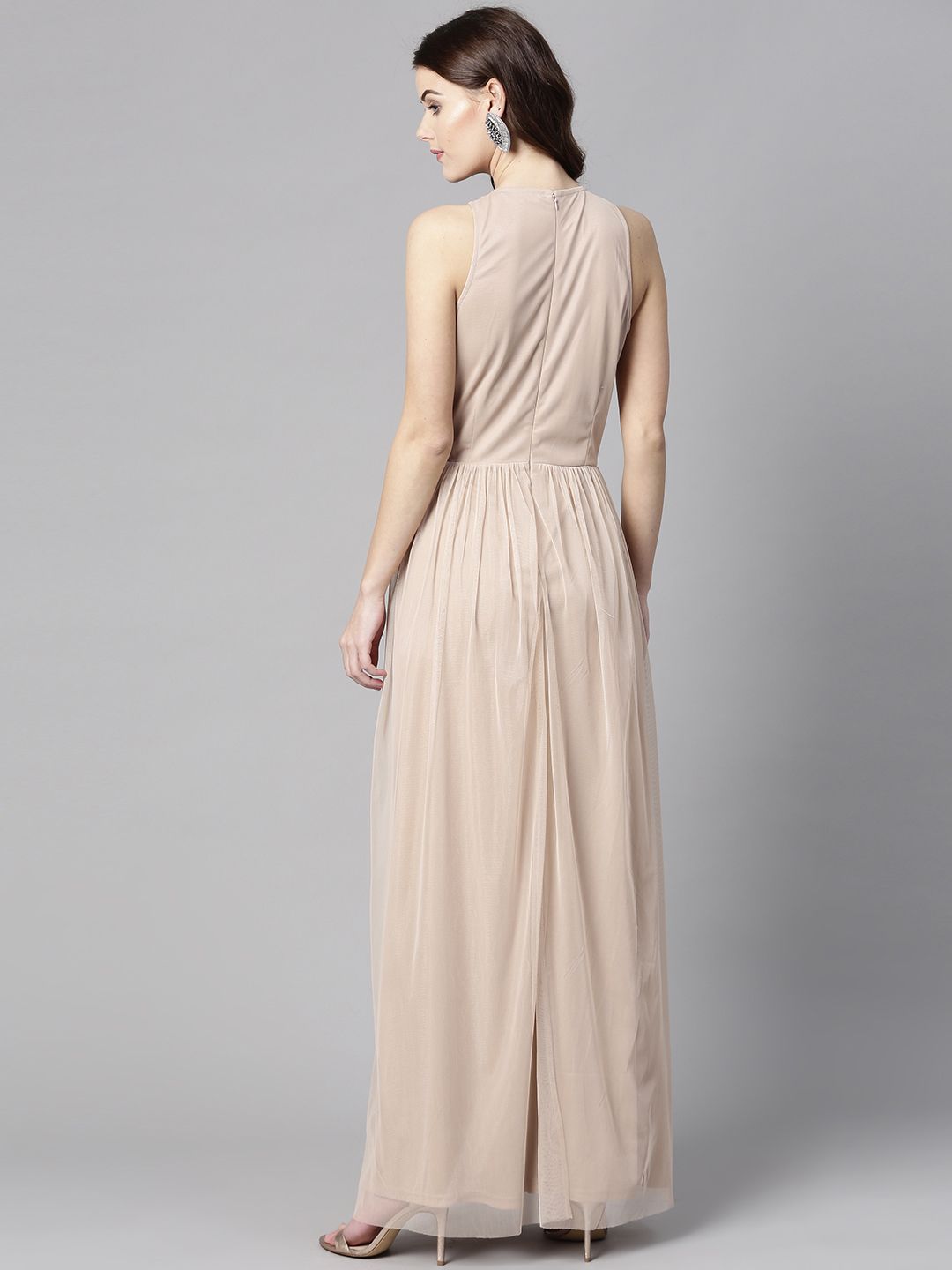 STREET 9 Women Beige Solid Maxi Dress with Embellished Detail