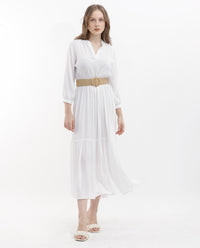 RAREISM Mandarin Collar Cuffed Sleeves Gathered Tiered Fit & Flare Midi Dress