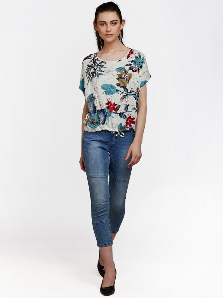 Berrylush White Floral Crepe Boxy Top