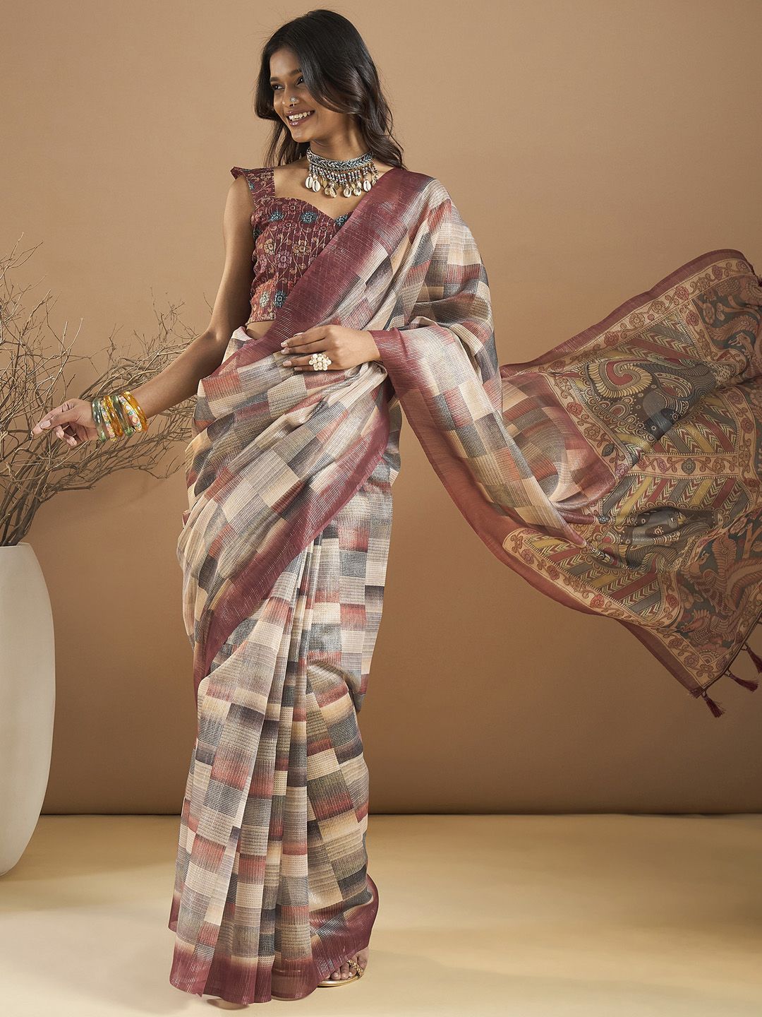 Saree mall Organza Block Print Ethnic Motifs Sarees