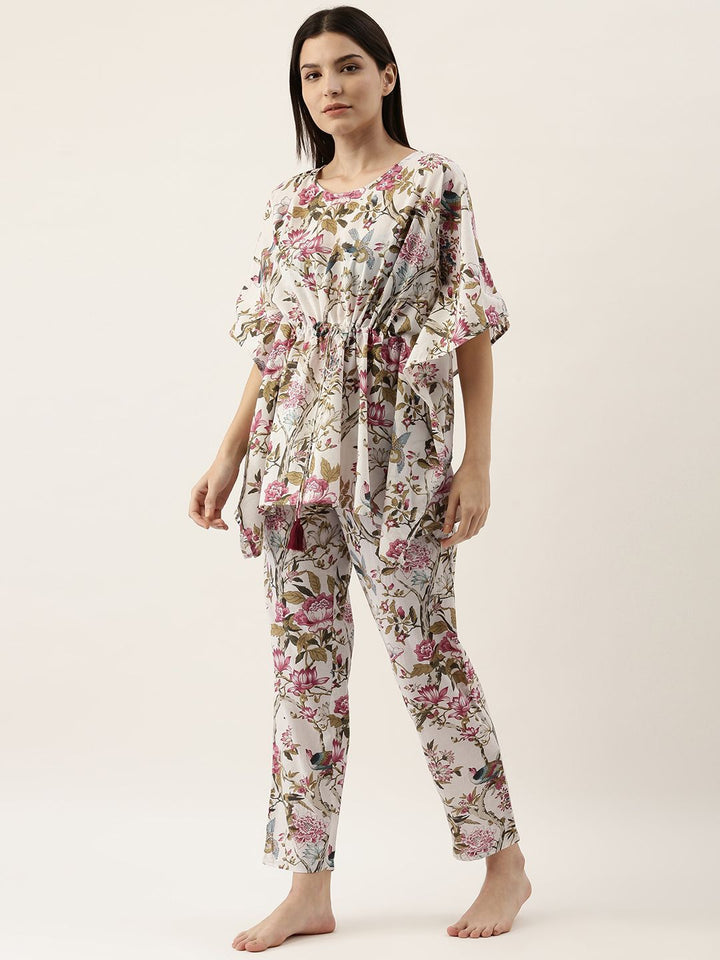 SANSKRUTIHOMES Women White & Pink Printed Night suit