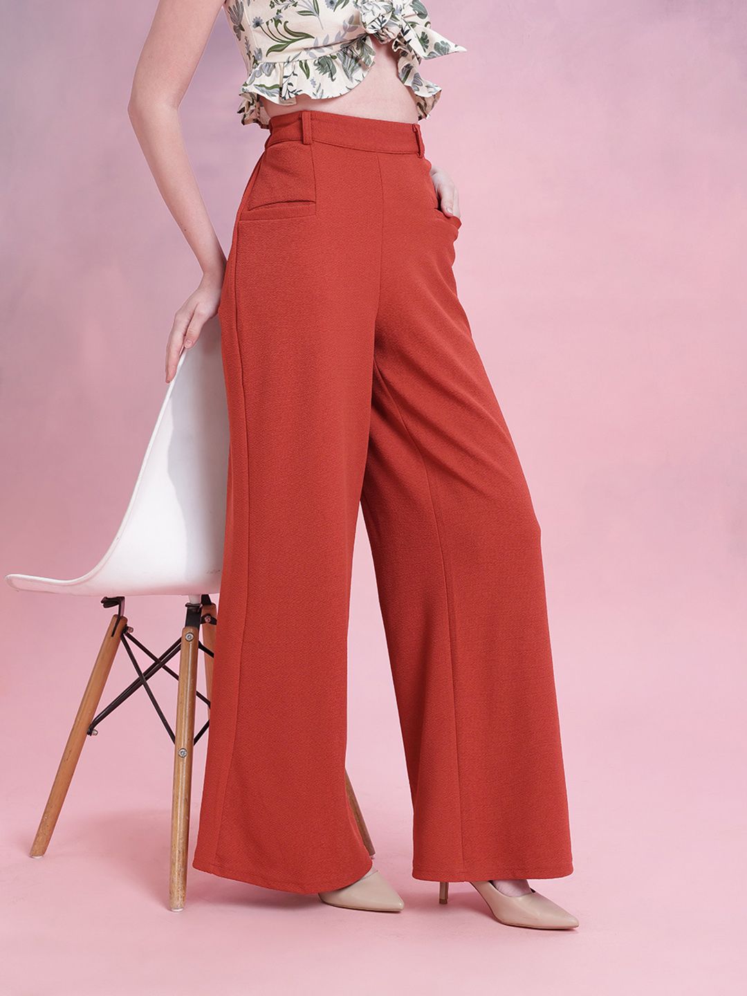 DressBerry Women Regular Fit Textured High-Rise Wide Leg Trousers