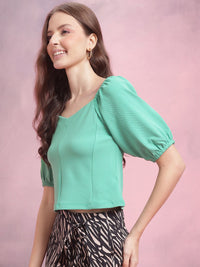 DressBerry Sweetheart Neck Puff Sleeve Textured Paneled Top