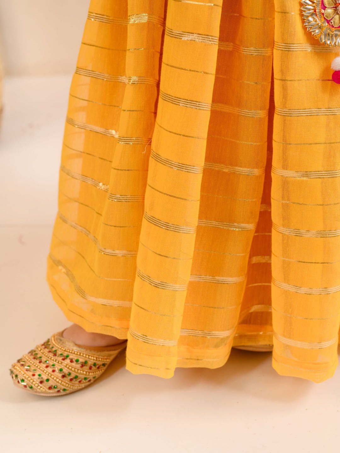 pspeaches Girls Bandhani Printed Kurta & Striped Skirt with Ethnic Belt