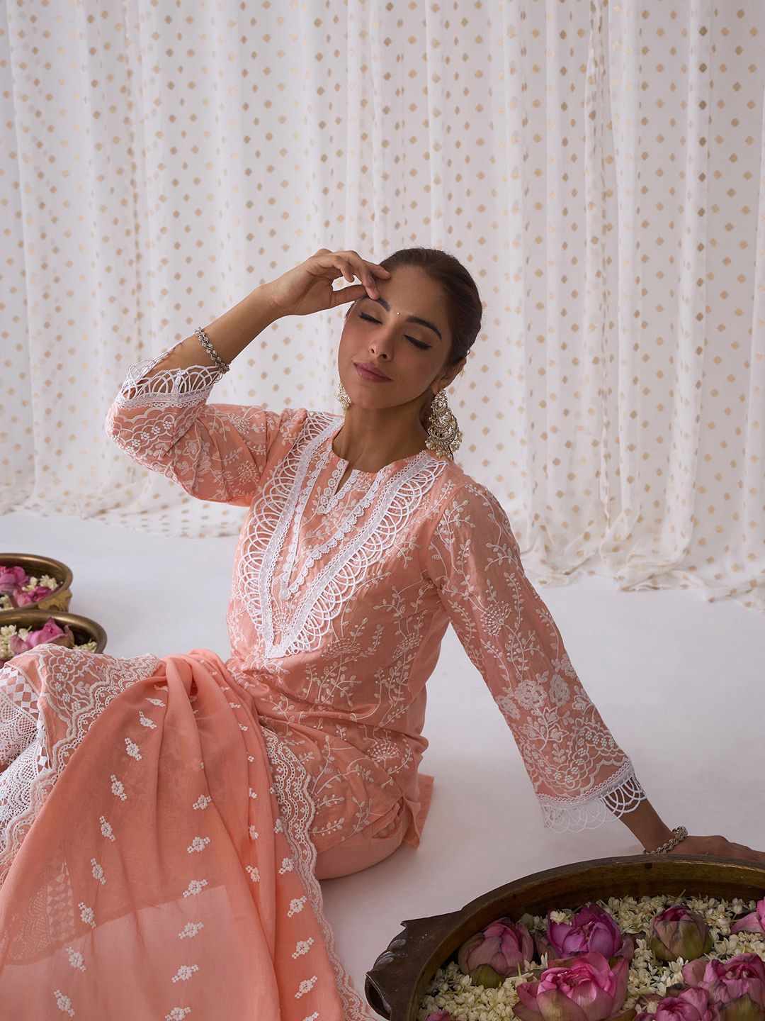 Indo Era Floral Embroidered Notched Neck Cotton Straight Kurta with Trousers & Dupatta