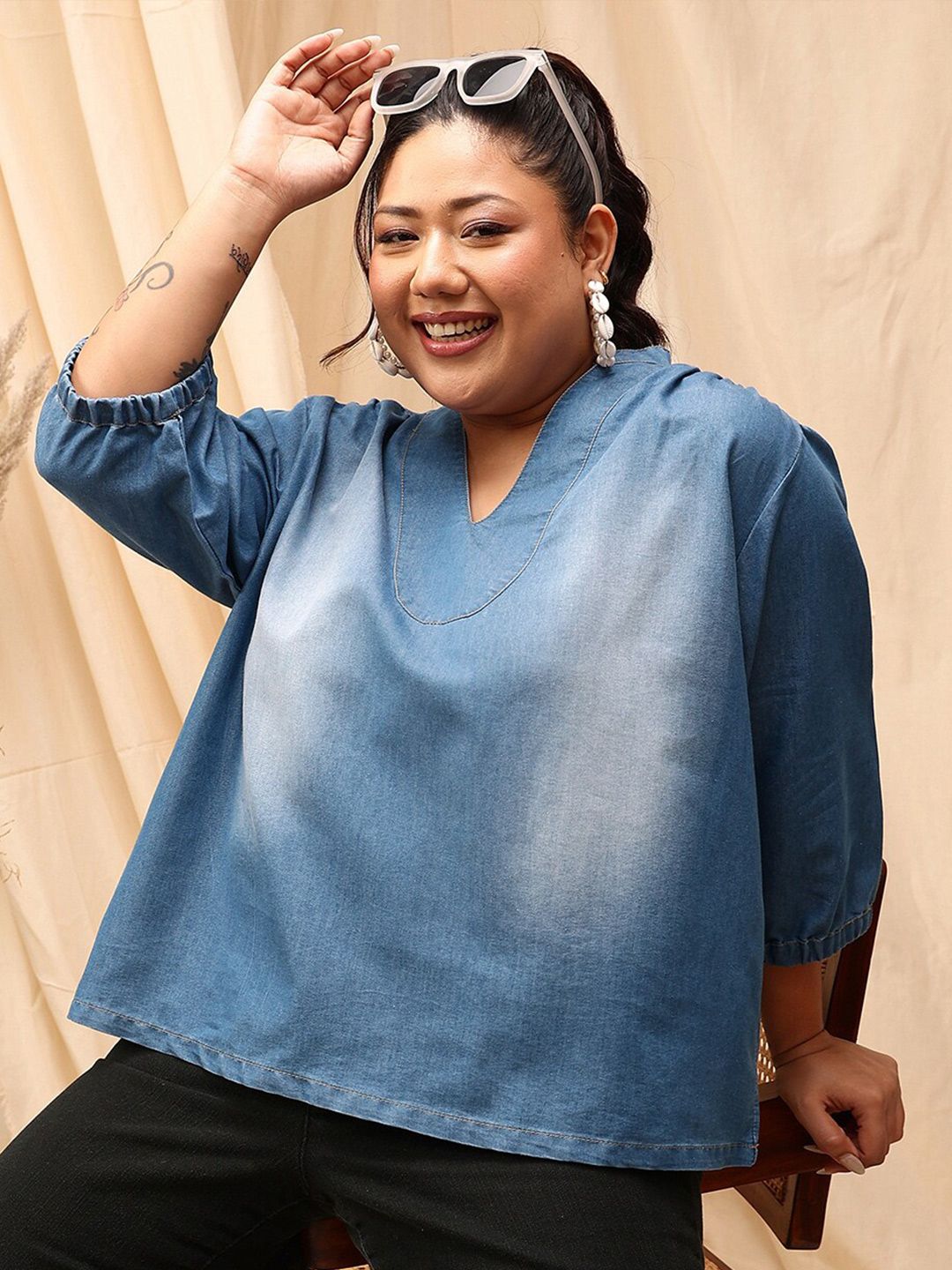 CURVY STREET Plus Size Mandarin Collar Puff Sleeves Pure Cotton Denim Top