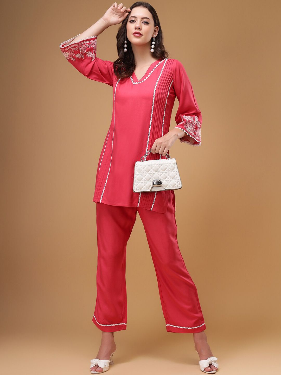 Bani Women Floral Embroidered V-Neck Lace Top & Flared Trouser