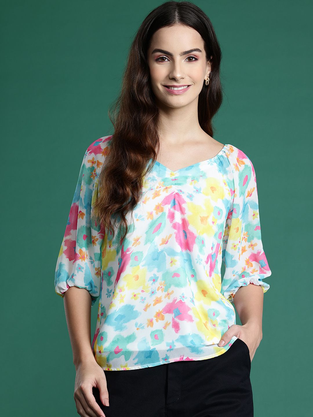DressBerry Printed Puff Sleeves Top