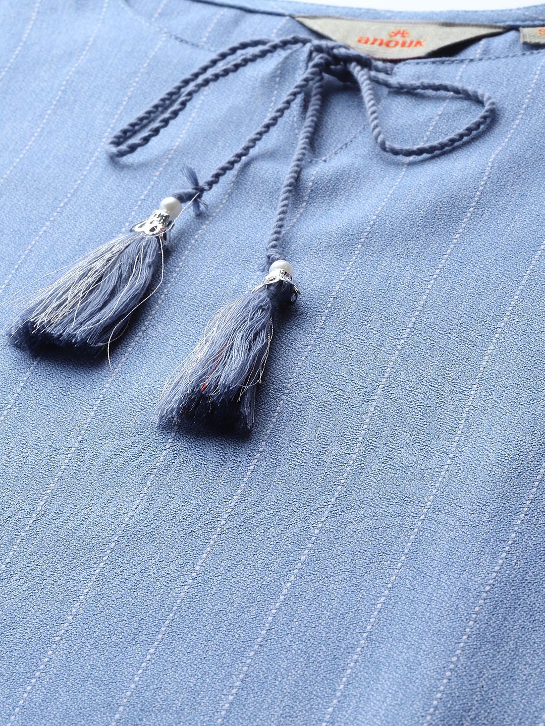 Anouk Woven Design Vertical Stripes Tie-Up Neck Straight Kurta