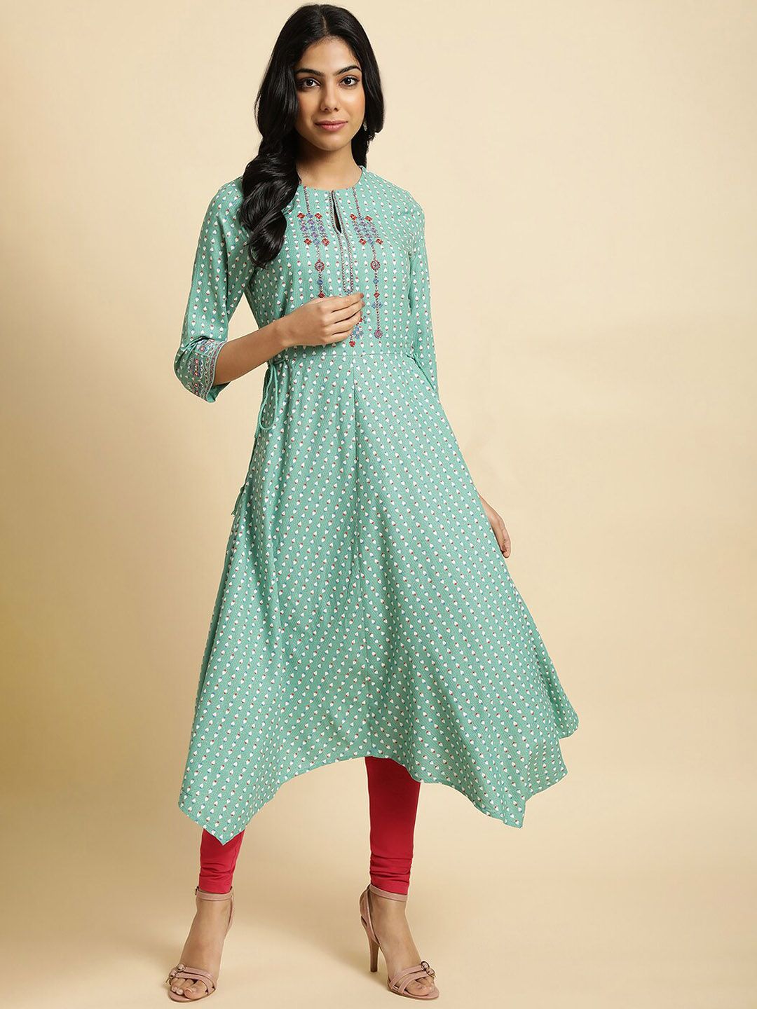 W Sea Green & Red Ethnic Printed Keyhole Neck Thread Work Asymmetric A-Line Kurta