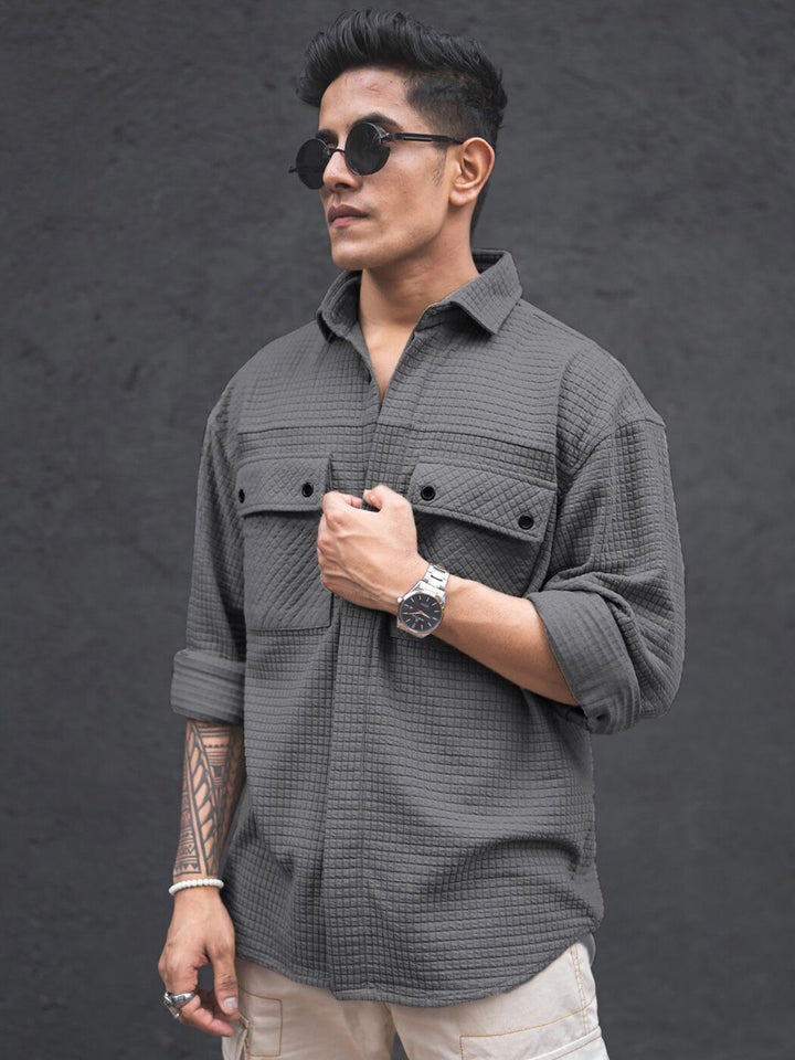 Powerlook India Slim Oversized Textured Self Design Spread Collar Knitted Casual Shirt