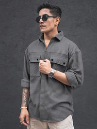 Powerlook India Slim Oversized Textured Self Design Spread Collar Knitted Casual Shirt