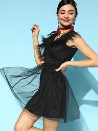 Athena Black Solid Tulle A-Line Dress