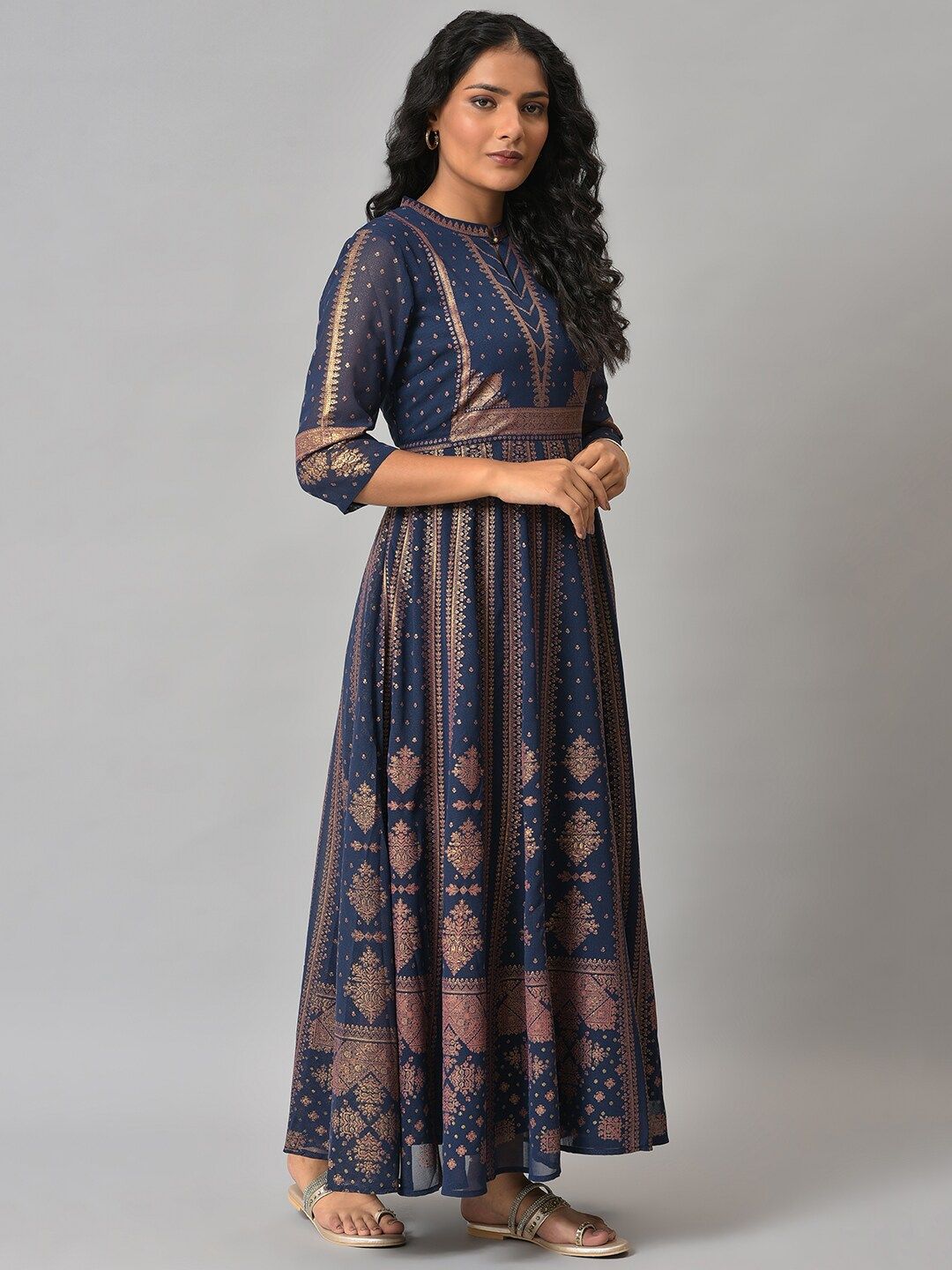 W Blue Ethnic Motifs Ethnic Maxi Dress