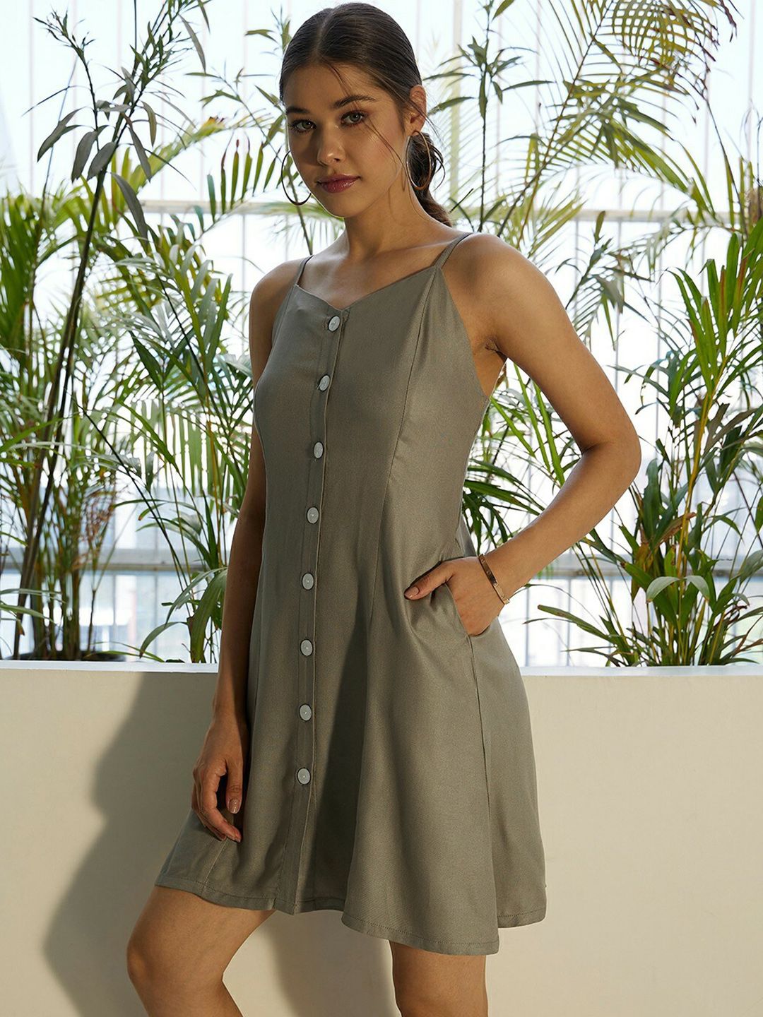 Berrylush Green Shoulder Straps A-Line Mini Dress