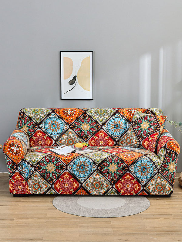 Story@home Orange & Yellow Printed 3 Seater Stretchable Sofa Cover With Arms