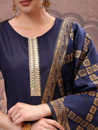 Vishudh Navy Blue Mirror Work Zari Straight Kurta with Palazzo & Dupatta
