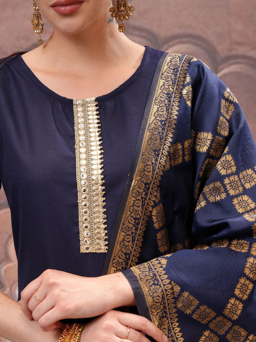 Vishudh Navy Blue Mirror Work Zari Straight Kurta with Palazzo & Dupatta