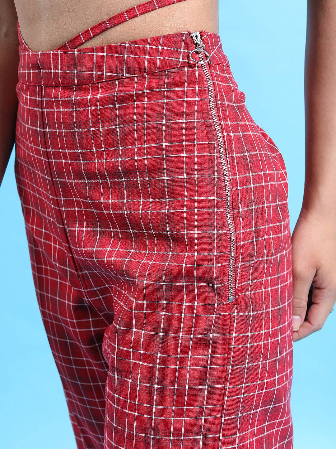 Tokyo Talkies Women Maroon Checked Flared Trousers